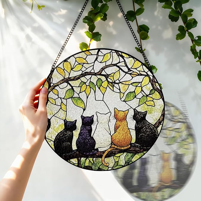 Stained Glass Window Hanging, 8 Inch 5 Cats on a Branch Suncatcher, Sun Catchers Indoor Window, Suncatchers for Windows Hanging, Spring Home Garden Decor Panel, Cat Lover Gifts for Women Mom Grandma