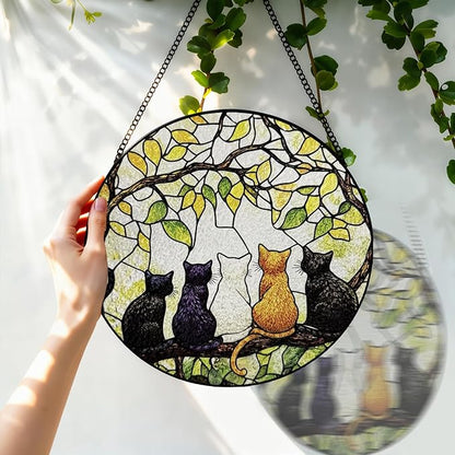 Stained Glass Window Hanging, 8 Inch 5 Cats on a Branch Suncatcher, Sun Catchers Indoor Window, Suncatchers for Windows Hanging, Spring Home Garden Decor Panel, Cat Lover Gifts for Women Mom Grandma