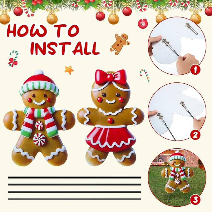 2 Pack Christmas Yard Stakes Metal Stakes 3D Boy and Girl Yard Sign Christmas Outdoor Decorations for Outside Holiday Xmas Winter Ornament Lawn Pathway (Classic Gingerbread Man Couple)