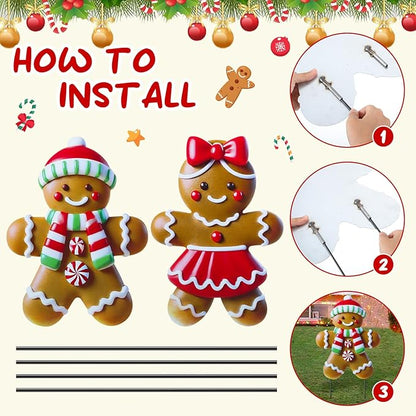 2 Pack Christmas Yard Stakes Metal Stakes 3D Boy and Girl Yard Sign Christmas Outdoor Decorations for Outside Holiday Xmas Winter Ornament Lawn Pathway (Classic Gingerbread Man Couple)