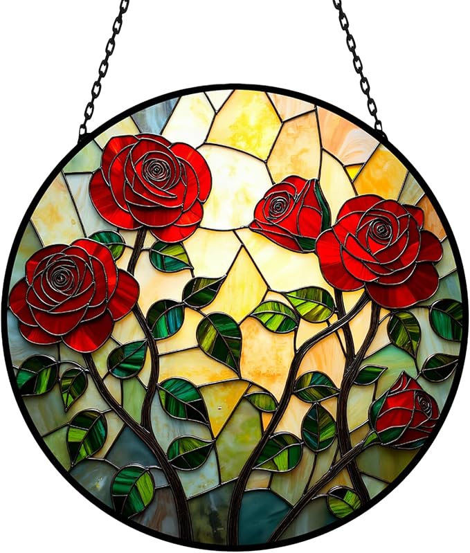 Rose Floral Stained Glass Sun Catcher Window Hanging,Handmade Suncatcher Window Art for Home Decor and Garden,Romantic Gift for Her, Wife or Mom