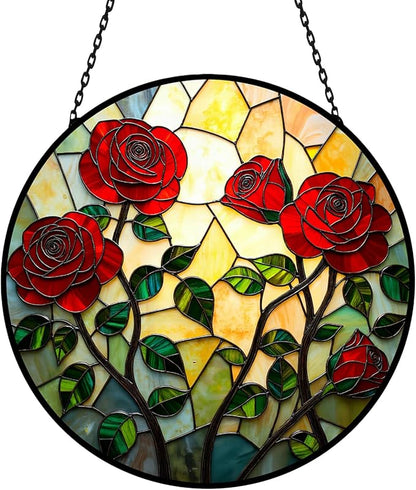 Rose Floral Stained Glass Sun Catcher Window Hanging,Handmade Suncatcher Window Art for Home Decor and Garden,Romantic Gift for Her, Wife or Mom