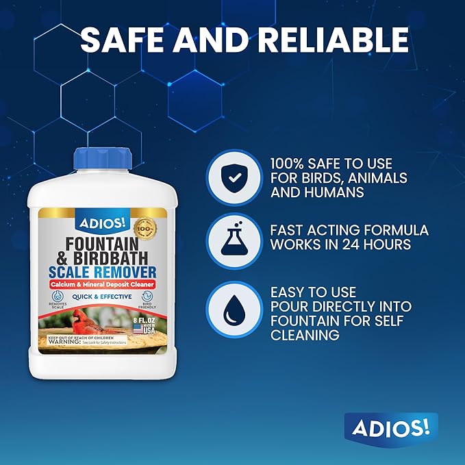 Adios! Fountain Scale Remover for Calcium, Lime and Hard Water Deposits on Bird Fountains, Baths and Water Features (8 oz)