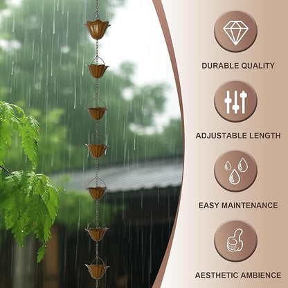 Rain Chain for Gutters – 6.5 FT Adjustable Copper-Tone Rain Chain with 10 Large Lotus Cups – Decorative Gutter Chain Downspout Alternative – Rain Catcher Chain & Garden Water Feature