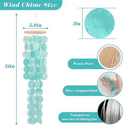 Wind Chimes for Outside - 31'' Handcrafted Turquoise Capiz Shells Windchime Coastal Style Decor for Indoor/Outdoors, Garden Decor, Great for Women, Wind Chimes Lovers and More