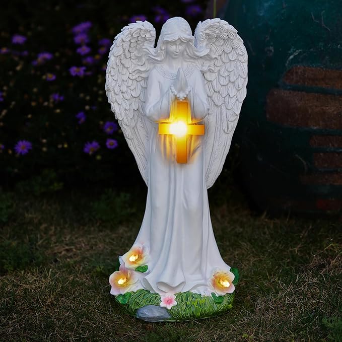 Solar Angels for Outside Garden, Angel Statue with Cross for Yard Lawn Patio Balcony, Chrisstmas, Memorial Gifts for Mom, Grandma, Women, 12 Inch,Resin