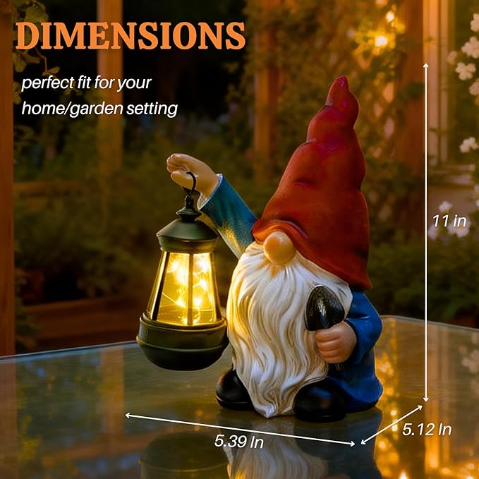Garden Gnomes Statues Outdoor Decor with Shovel Solar Gnome with Lantern LED Lights,Terrace Xmas Courtyard Lawn Patio Porch Decoration Birthday Christmas Housewarming Gift for Mom Women