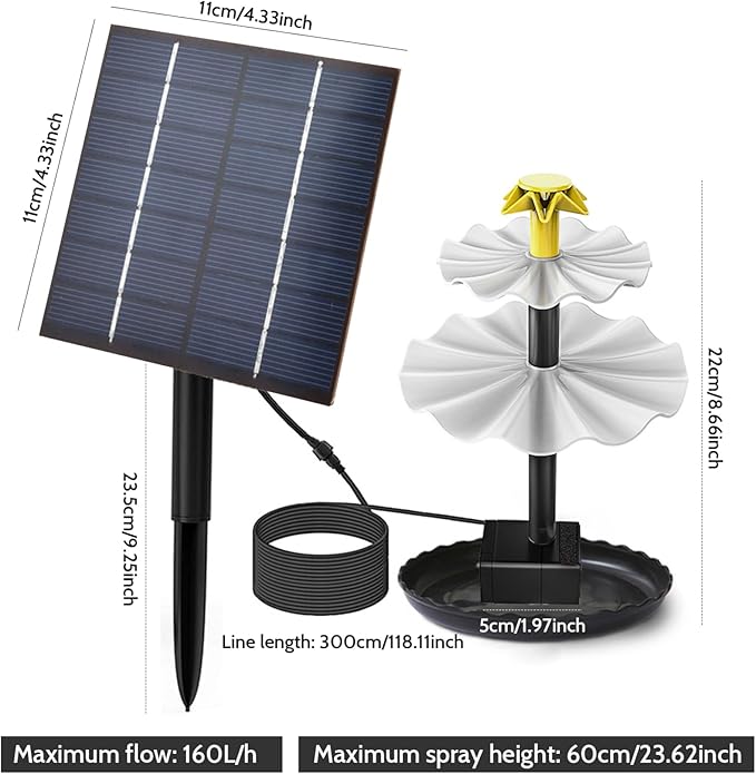 Solar Fountain 2-Tier 2.5W Solar Water Fountain DIY Decorative Pump with Tray and 300cm Cable Water Pump for Bird Bath Garden Pond Pool, Garden Tools