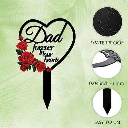AIM & GGKK Memorial Stake for Dad - Metal Heart Grave Marker with Red Roses, Memorial Plaque Cemetery Decor for Grave, Garden, Gravesite