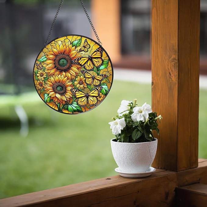 Sunflower Stained Glass Window Hanging,7.87 Inch Sun Catcher Indoor Window Decor with Butterfly,Ornament for Home,Garden,New Home,Christmas,Mother’s Day Outdoor Gift for Mom,Festival Gift