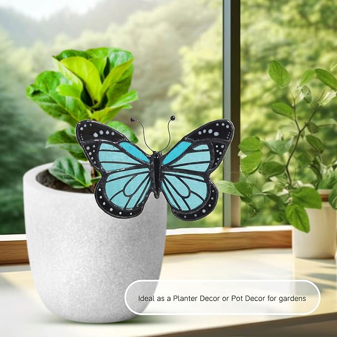 Lolitarcrafts Stained Glass Butterfly Suncatcher-Monarch or Luna Moth Design for Indoor and Outdoor Plant Decoration,Colorful Glass Plant Pot Ornament, Plant Lovers Gifts (Blue Monarch)