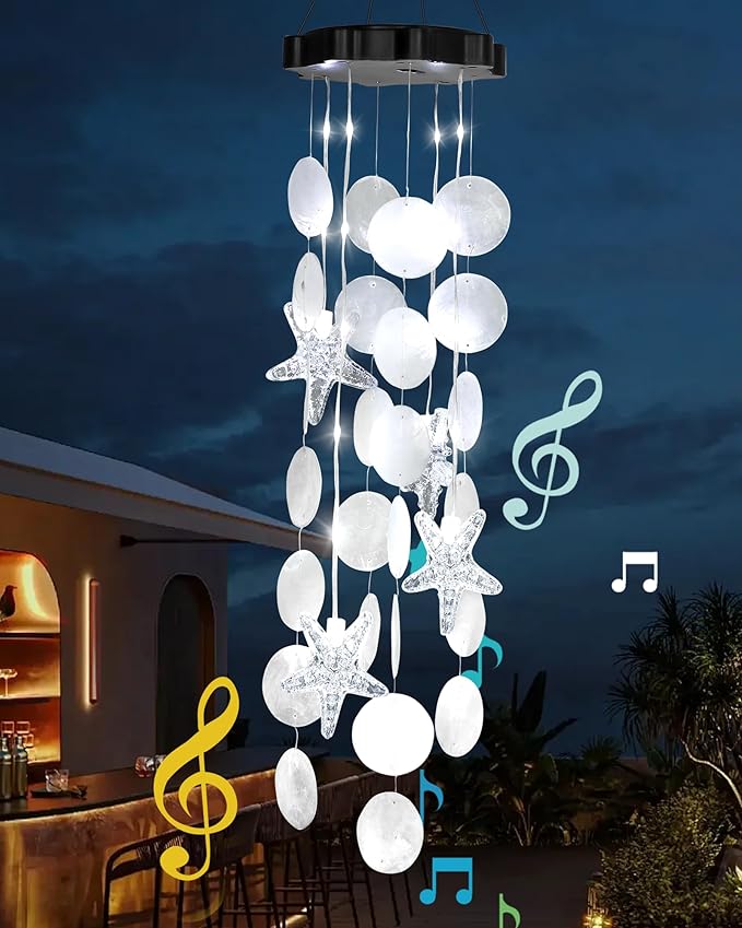 Solar Wind Chimes Decorative Lights for Outside, Shells Gifts for Mom Grandma Women Wife Girls, Hanging Solar Light for Holiday Garden Yard Window (White)