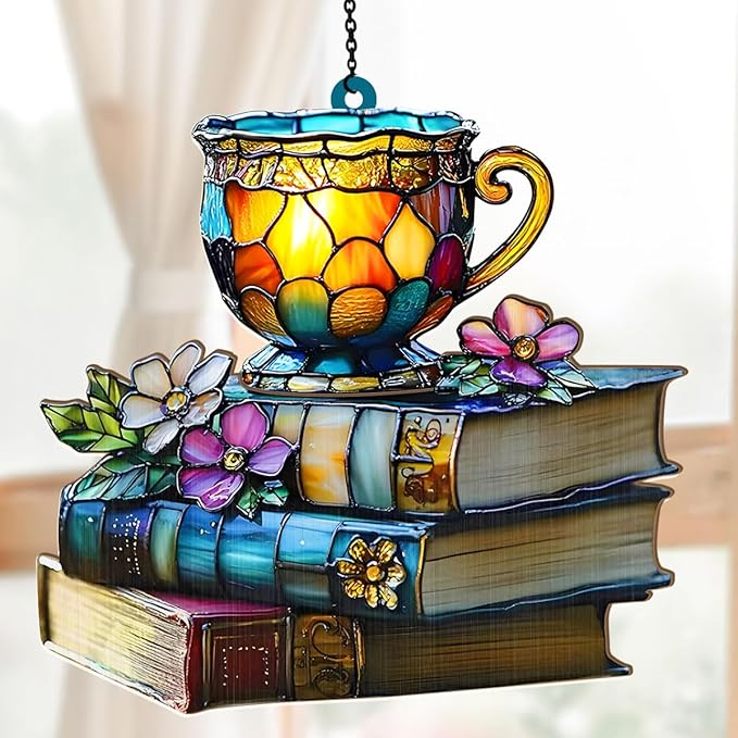 Jesuspirit - Window Hanging Suncatcher – Crystal Clear Acrylic & Wood Sun Catcher for Home Decor, for Women (Floral Book and Tea, 8 Inches)