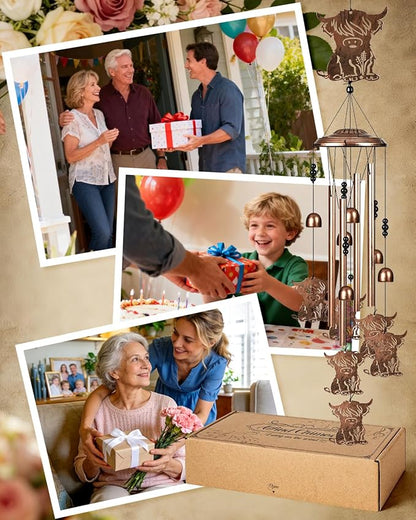 Highland Cow Wind Chimes Outdoor Decor Highland Cow Birthday Gifts for Women Mom Sister 34 Inch Metal Windchimes for Outside Porch, Garden, Yard Decoration