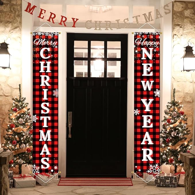Ivenf Merry Christmas & Happy New Year Decorations, Red Black Buffalo Plaid Banner, 2 Pcs Front Porch Sign Set, Indoor Outdoor Yard Wall Home Decor