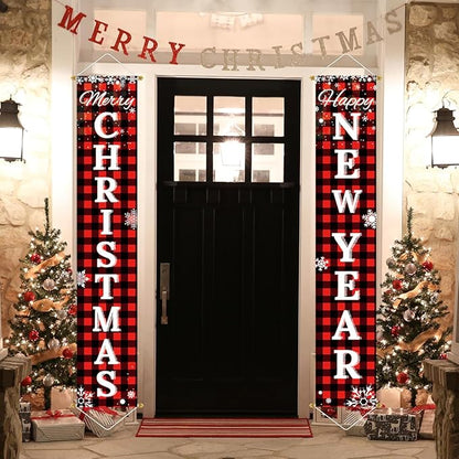 Ivenf Merry Christmas & Happy New Year Decorations, Red Black Buffalo Plaid Banner, 2 Pcs Front Porch Sign Set, Indoor Outdoor Yard Wall Home Decor