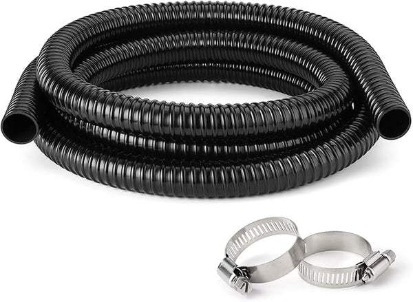 3/4 Inch Pond Tubing – 10ft Flexible PVC Corrugated Pond Hose with 2 Stainless Steel Hose Clamps, Kink-Proof Black Pump Tubing for Garden Ponds, Waterfalls, Filters & Drainage