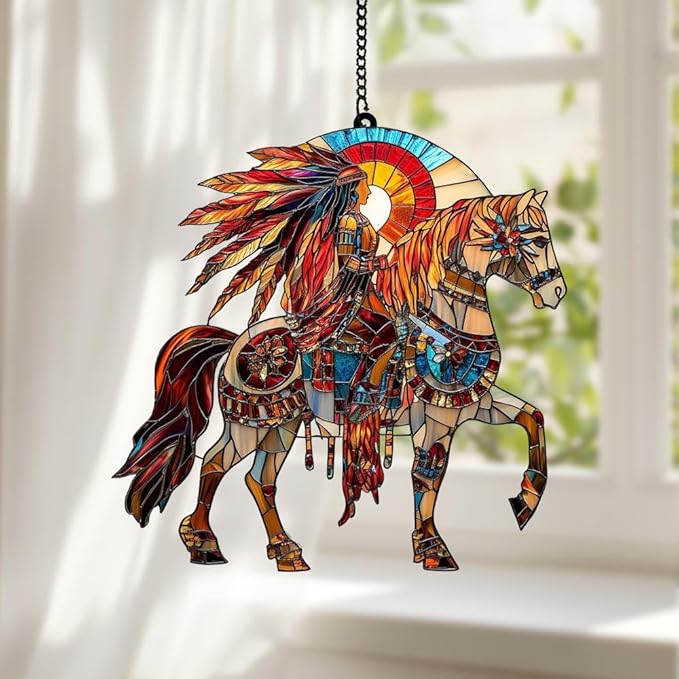 Native American Acrylic Suncatcher Colorful Window Hanging Ornament Sun Catcher Panel for Home Decor Car Garden Gift Native Horse Rider Faux Stained Glass Suncatcher