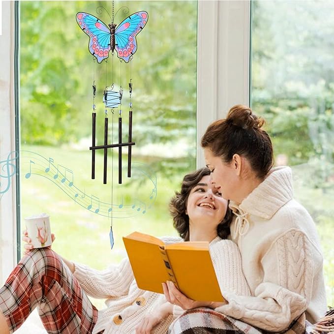 MUMTOP Butterfly Wind Chimes for Outside, Stained Glass Wind Chime Windchimes for Patio, Outdoor,Garden,Yard,Coastal,Window,Home Decor or Gifts for Women(Blue & Red)
