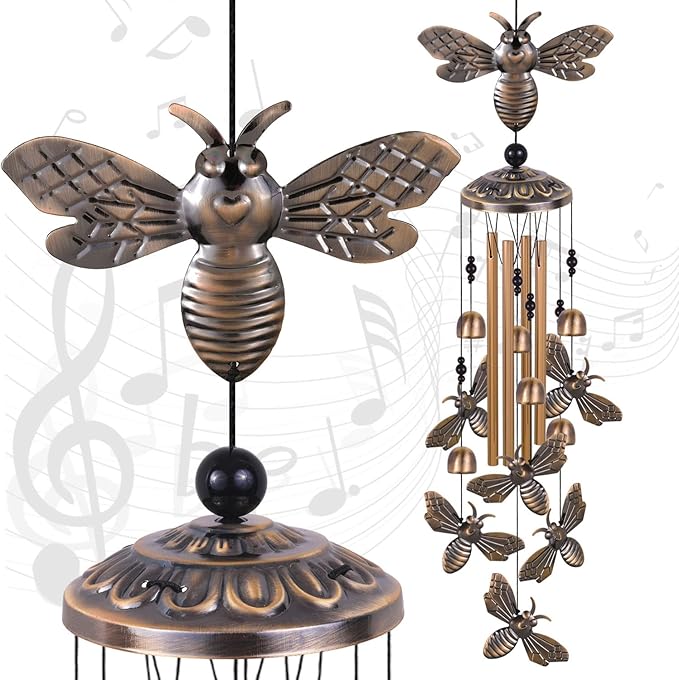 Bronze Bee Wind Chimes - Garden, Home & Patio, Balconies, Room, Indoor, Outdoor Decoration, Bee Decor, Outdoor Bees Wind Catcher, Memorial Wind Bells Gifts for Mom & Women