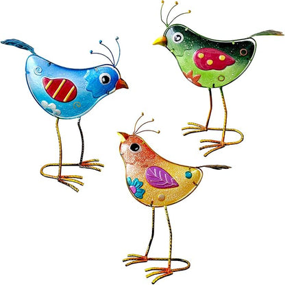 Garden Statues 3-Piece Metal & Glass Bird Figurines Set - Waterproof Outdoor Sculptures, Colorful Bird Garden Decorations Yard Art for Indoor & Outdoor Patio Lawn