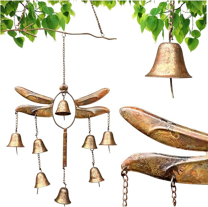 Happy Gardens Handcrafted Dragonfly Steel Wind Chimes with 8 Bells (Flamed Finish) Outdoor Metal Hook Hanging Decor for Outside Back Yard