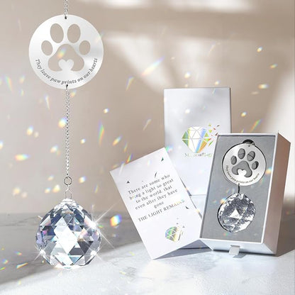 Mooncraftlogy Dog Memorial Gifts, Unique Loss of Pet Sympathy Idea, Clear Crystal Ball Rainbow Suncatcher with Paw Print for Cat or Dog Remembrance and Bereavement