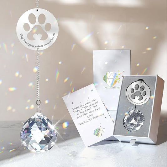 Mooncraftlogy Dog Memorial Gifts, Unique Loss of Pet Sympathy Idea, Clear Crystal Ball Rainbow Suncatcher with Paw Print for Cat or Dog Remembrance and Bereavement