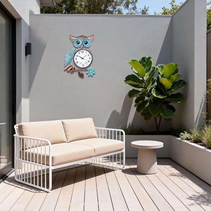 MUMTOP Owl Outdoor Clock Waterproof, 14.56 Inch Outside Wall Clock with Thermometer Combo for Patio Pool Garden Home Decor