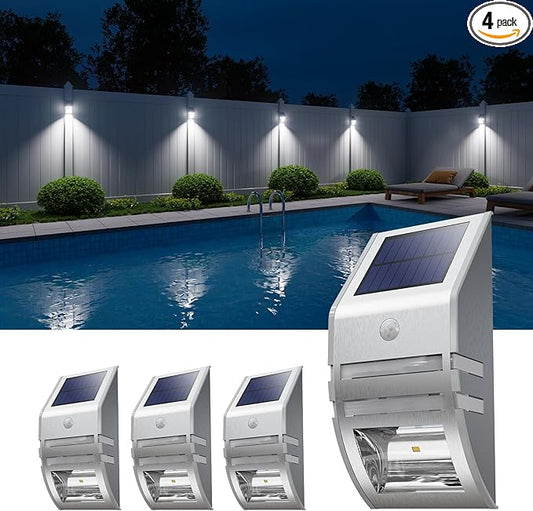 4 Pack Solar Wall Lights, Stainless Steels Outdoor Waterproof Motion Sensor Modern Metal Lamps for Fence, Deck, Post, Stair, Front Porch, Dock, Patio, Yard, House Siding, Convenient Security Lighting