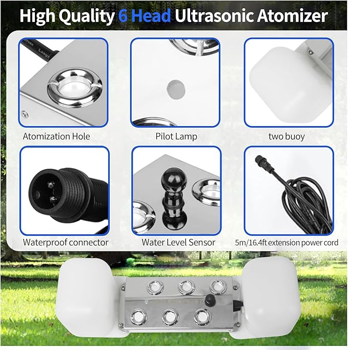 Ultrasonic Mist Maker 6 Head Mist Maker Fogger 5000ml/H Ultrasonic Mister Fogger 200W Atomizer Pond Fogger IP67 Waterproof Fog Mist Machine with Float for Garden Rockery Halloween Decor (6 Heads)