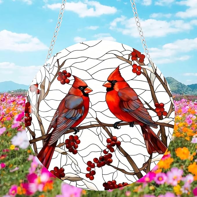 1 pcs 5.9'' Acrylic Window Hanging Cardinal Suncatcher Decor,Red Bird Suncatcher Panel Outdoor Wall Art Stained Panel Hangings Gift for Home Garden Ornament for Birds Lover (Style A)