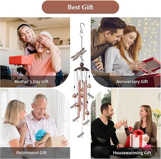 Dragonfly Wind Chimes for Outside, Decorative Wind Chimes with 4 Aluminum Tubes Hanging Bells, Memorial Windchimes Outdoors with S Hook for Patio Garden Decor, Unique Gift for Mom Grandma