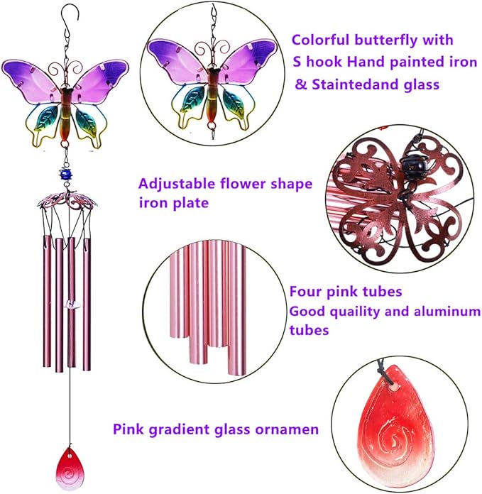 Evealyn Outdoor Butterfly Wind Chimes, Indoor Handing Stained Glass Metal Music Beautiful Wind Chimes for Home, Balcony,Window, Garden, Yard, Patio, Lawn Decoration (Purple)
