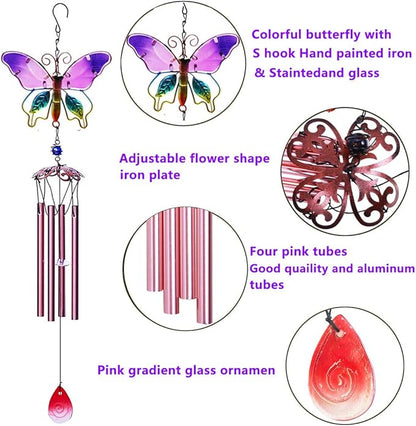 Evealyn Outdoor Butterfly Wind Chimes, Indoor Handing Stained Glass Metal Music Beautiful Wind Chimes for Home, Balcony,Window, Garden, Yard, Patio, Lawn Decoration (Purple)