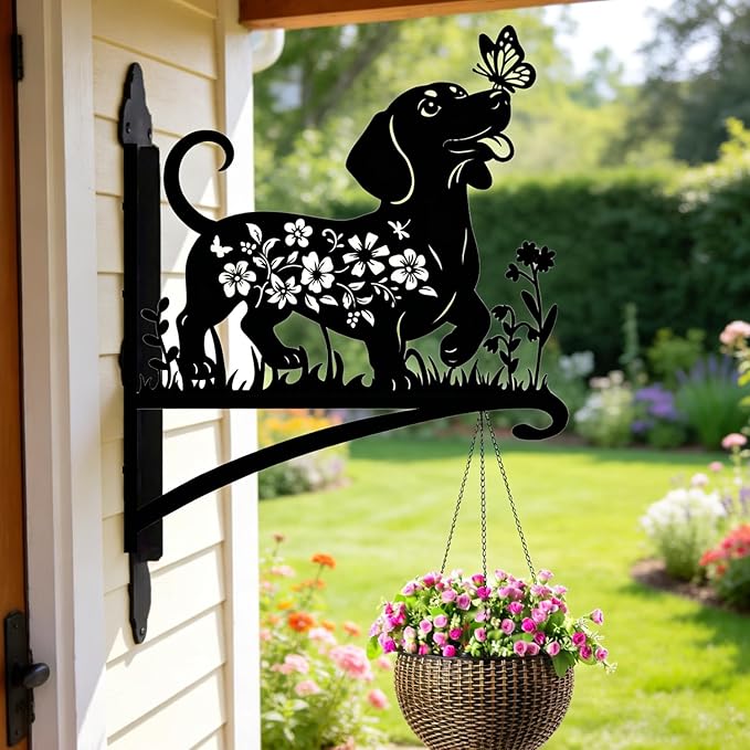 Rngmsi Metal Plant Hangers Outdoor, Dachshund Wall Mounted Hanging Plant Bracket Outside, Flower Pot Bird Feeder Wind Chimes Hangers Decorations