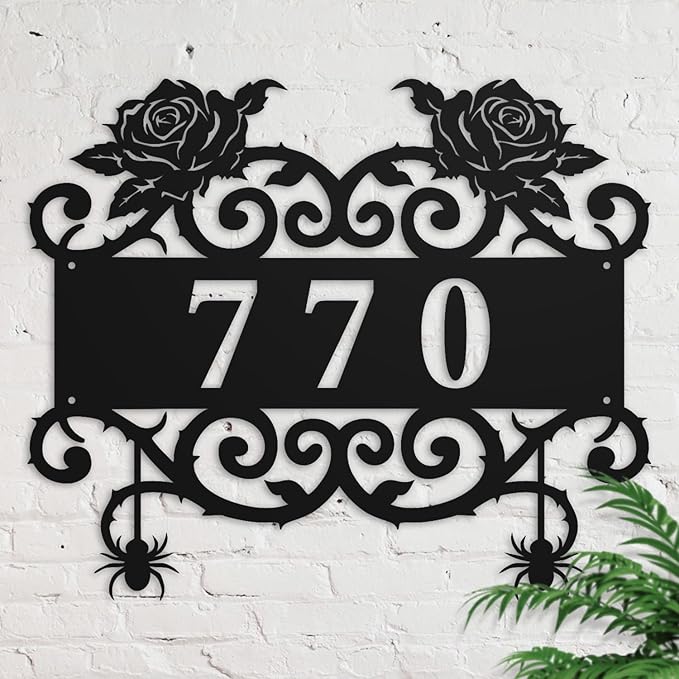 Personalized Gothic House Number metal Signs,Custom Address Number Metal Wall Art Decor,Black Plaques Outdoor wall Decorative Signage,Shed(8-30 Inches) (Rose A)