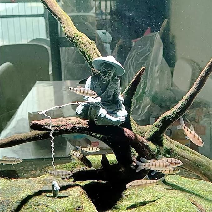 livelyfish Mini Fisherman Statue Asian Zen Decoration Sitting Fishing Figurines Sandstone Vintage Ornament for Aquarium Fish Tank Pot Garden Home Japanese Decor (A2)