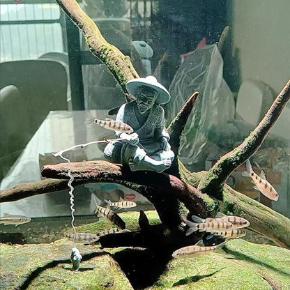 livelyfish Mini Fisherman Statue Asian Zen Decoration Sitting Fishing Figurines Sandstone Vintage Ornament for Aquarium Fish Tank Pot Garden Home Japanese Decor (A2)