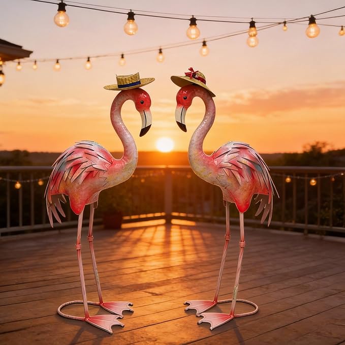 chisheen Flamingo Statues Pink Bird Art Garden Sculptures Outdoor Metal Yard Decor for Wedding Gifts Patio Lawn Porch Ornament Decoration