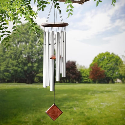 Woodstock Wind Chime for Outside Garden and Patio Decor, 27” Silver Aluminium and Teakwood Wind Chimes, Elegant Chime for Yard and Outdoor Gift