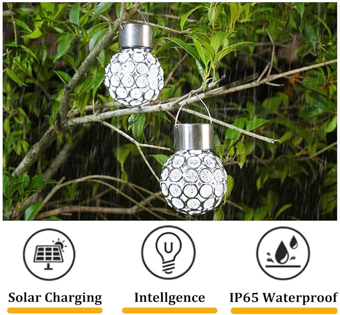 2 Pack Hanging Solar Light Outdoor, Decorative Solar Powered Waterproof Ball Shaped Night Light, Hanging Globe Solar Lights for Gardens, Yards, Patios, Lawns (White Light)