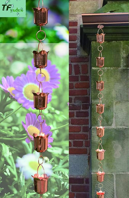 Rain Chains - Pure Copper Tulip Rain Chains for Downspouts. 8.5 Feet Length. Free Gutter Adapter. Windchime and Fountains on Rainy Days.