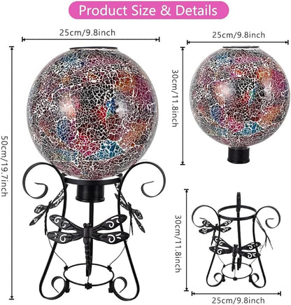 Stargarden Solar Gazing Ball, 10" Mosaic Gazing Ball,Glass Gazing Globe with Metal Stand, Decorative Solar Globes for Patio, Lawn, Garden Decor(Red)