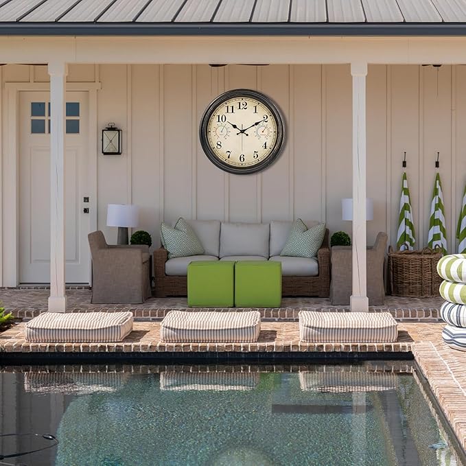 16 Inch Large Outdoor Clock with Thermometer and Hygrometer Combo, Waterproof Indoor Outdoor Wall Clocks for Patio, Pool, Garden, Backyard Decor- Retro Bronze