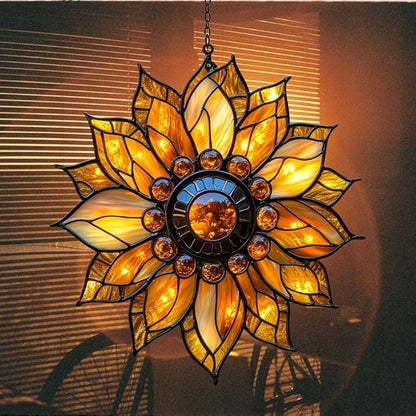 Sunflower Faux Mosaic Acrylic Suncatcher Stained Glass Effect Window Car Hanging Christmas Ornament Indoor Outdoor Decor Garden Sun Catcher Panel for Sunflower Lover for Women Mom Grandma