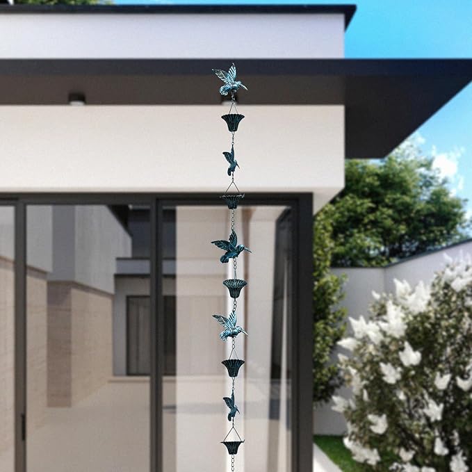 Rain Chain for Gutters,8.5FT Rain Catcher Chain for Outside with 7 Metal Cups & Hummingbird Decor,Adjustable Hanging Rain Hutter Chain Downspout Substitute for Garden Drainage & Eaves (Blue)