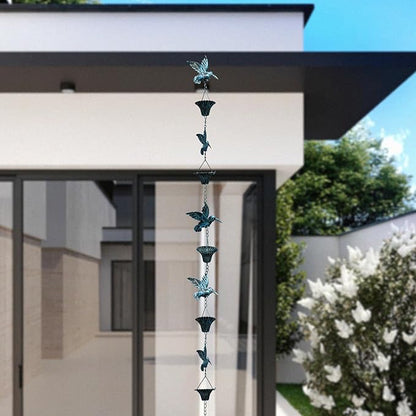 Rain Chain for Gutters,8.5FT Rain Catcher Chain for Outside with 7 Metal Cups & Hummingbird Decor,Adjustable Hanging Rain Hutter Chain Downspout Substitute for Garden Drainage & Eaves (Blue)