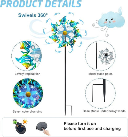Solar Wind Spinners Outdoor, 51" Waterproof Metal Stake Tropical Fish Sculpture with 7 Color LED Lights 360° Rotating Kinetic Solar Windmill for Yard Garden Lawn Patio Decor