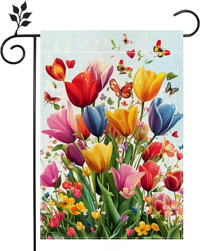 Spring Summer Tulip Garden Flag 12x18 Inch Double Sided, Colorful Welcome Yard Decor, Farmhouse Outdoor Flag for Lawn Patio Porch